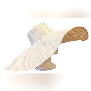 Oversized Beach WHITE Straw Hat Wide Brim Handmade Roll Up  OS